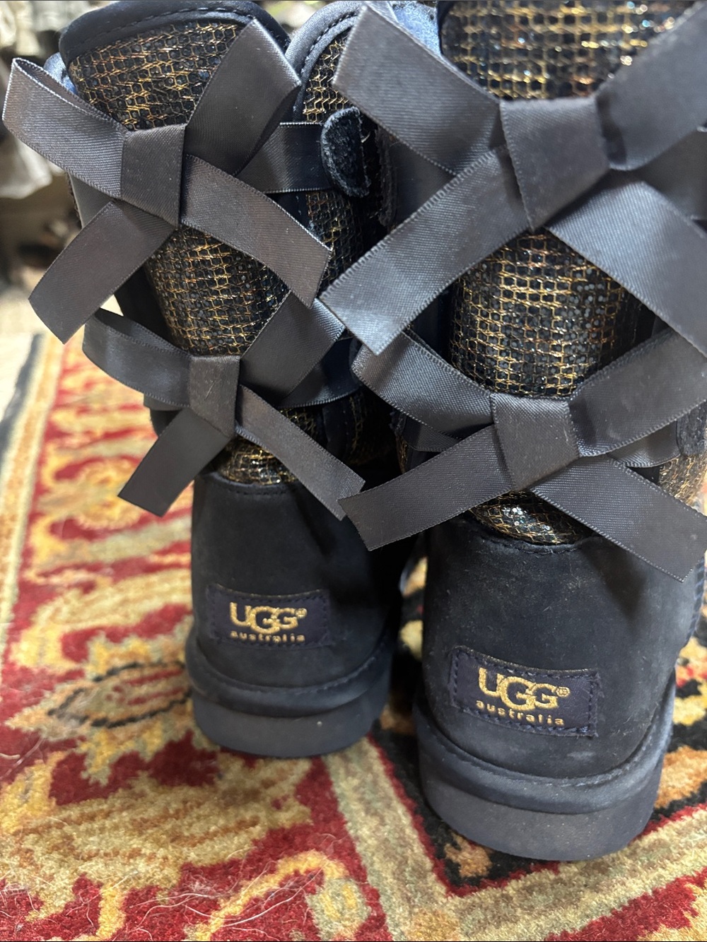 UGG Bailey Bow Leopard Glitter Boots in Navy and Gold - 8